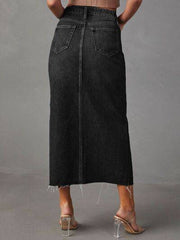 Raw Hem Front Slit Denim Midi Skirt.