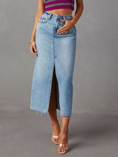Raw Hem Front Slit Denim Midi Skirt.