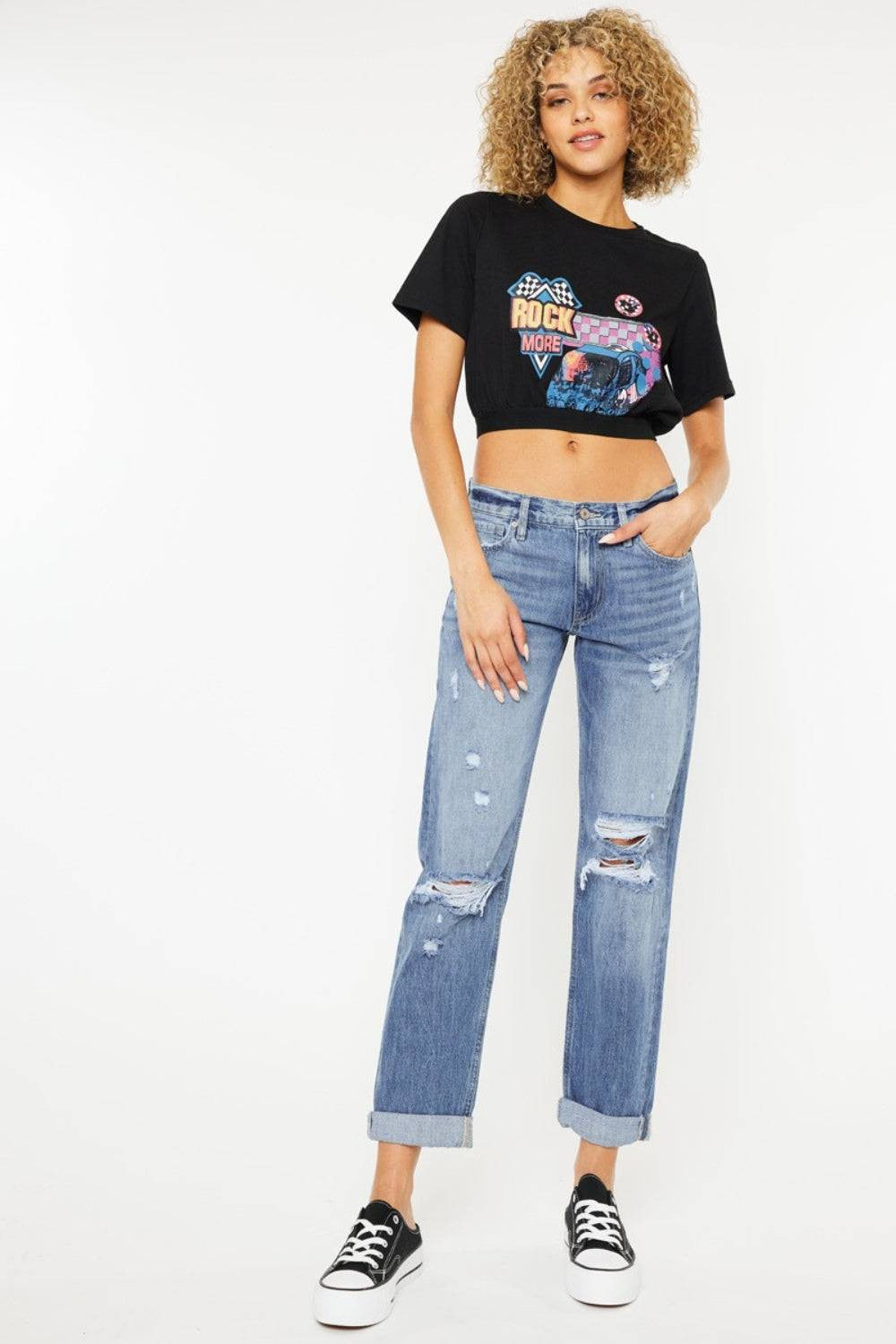 Kancan Mid Rise Distressed Straight Jeans.