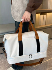 Person holding Multifunctional Waterproof Travel Duffel Bag in white with brown straps