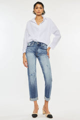 Kancan High Rise Cuffed Straight Jeans.
