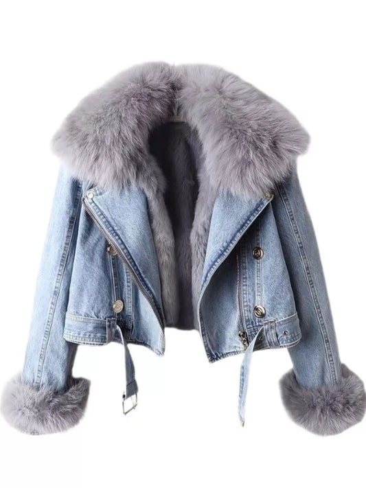 Full Size Faux Fur Collar Denim Jacket Plus Size with plush grey fur collar and cuffs showcasing luxury and casual style.