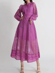 Violet lace long sleeve midi dress with geometric cutout details and puffed sheer sleeves, perfect for an elegant look.