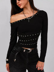 Model wearing black Studded One Shoulder Long Sleeve T-Shirt with slight stretch, 95% polyester, and 5% elastane.