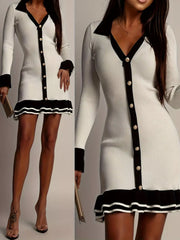 Ribbed Knit Contrast Trim Sweater Dress with button-front and frilled hem, showcasing sleek black and white design, flattering silhouette.