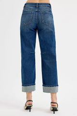 Back view of RISEN Slouchy Crop Barrel Cuffed Jeans showcasing cuffed design and fit