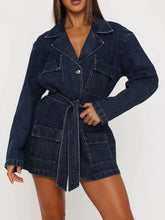 Longline Denim Jacket with Belt featuring a belted waist and pockets in a stylish dark wash, ideal for layering.