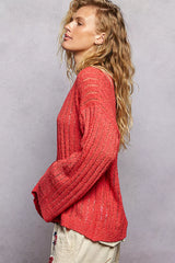 POL Round Neck Long Sleeve Open Weave Sweater in vibrant coral, showcasing relaxed fit and open weave design.