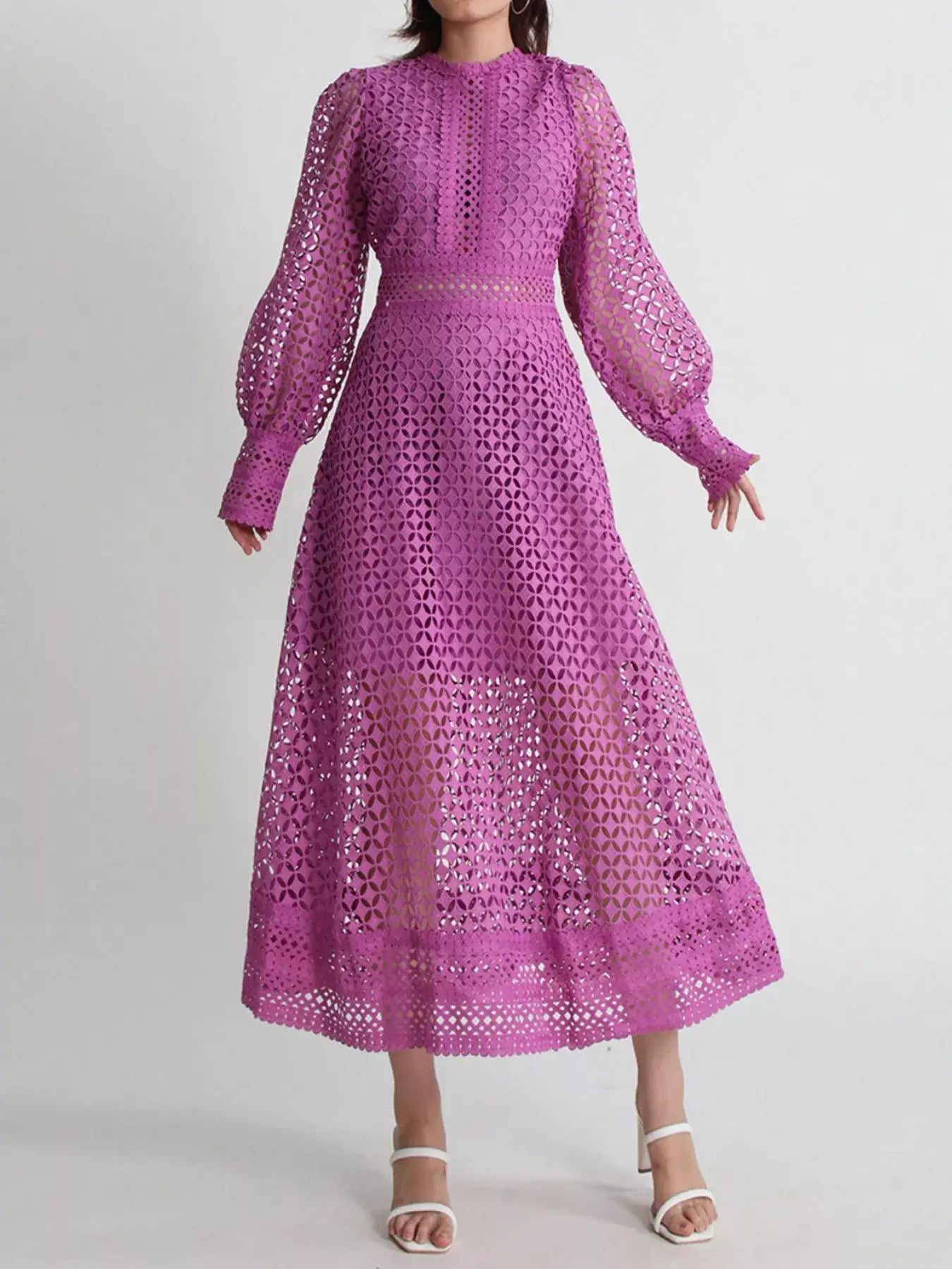 Violet lace long sleeve midi dress with geometric cutout design, elegant, sheer puff sleeves, partially lined for stylish coverage.