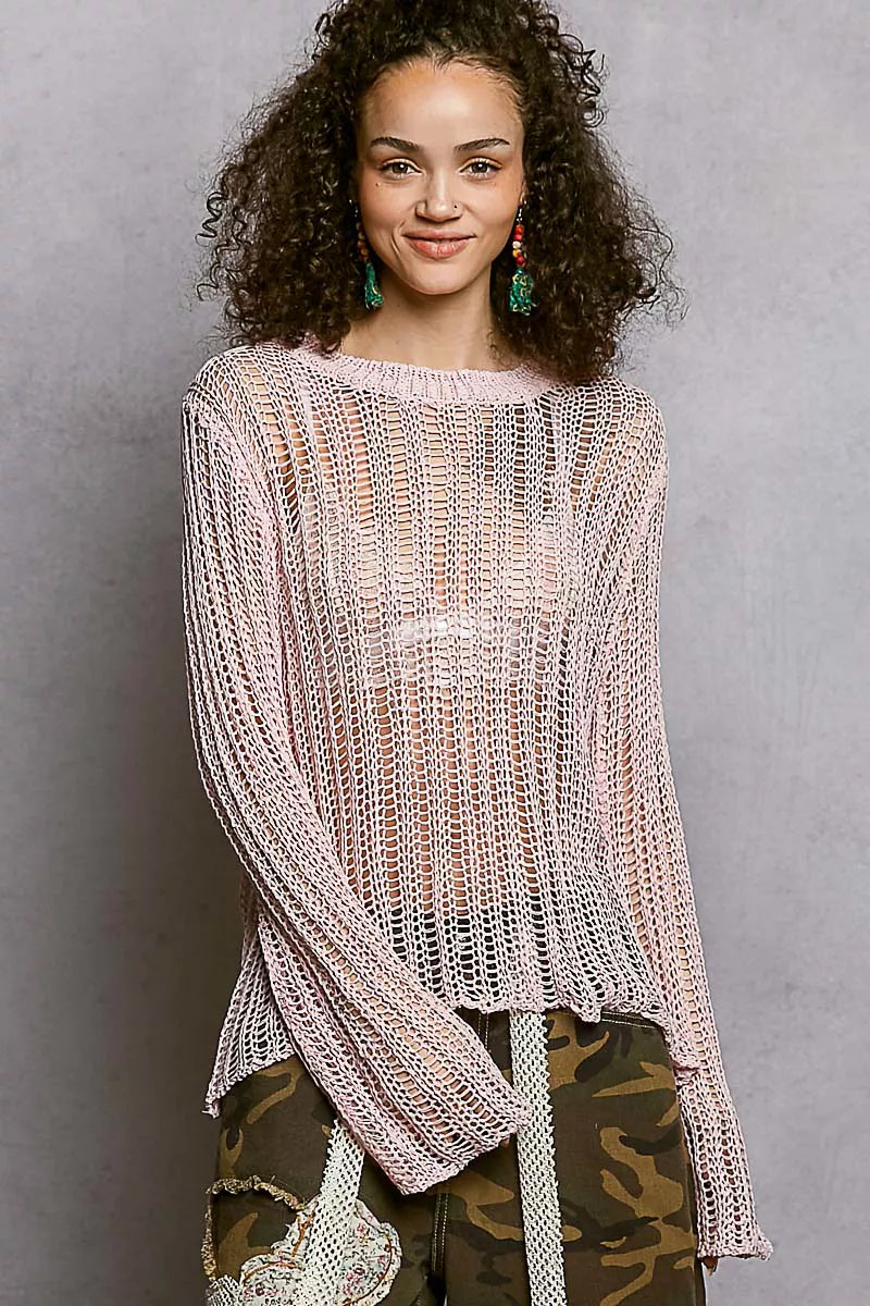 Model wearing POL Openwork Round Neck Knit Cover Up with open-knit texture and relaxed fit for versatile styling.