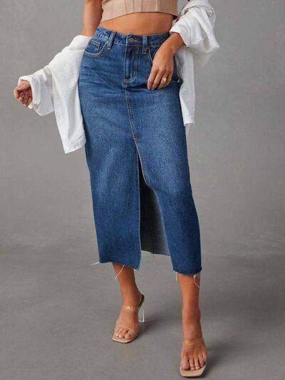Raw Hem Front Slit Denim Midi Skirt.