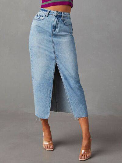 Raw Hem Front Slit Denim Midi Skirt.