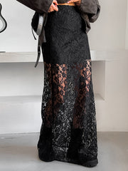 Lace Sheer Maxi Skirt featuring a floral pattern and sheer finish for a chic summer look.