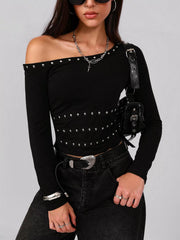 Model wearing Studded One Shoulder Long Sleeve T-Shirt, featuring studded design, slightly stretchy material, and polyester elastane blend.