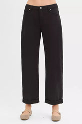 RISEN Tummy Control Mid Rise Ankle Barrel Relaxed Baggy jeans in black