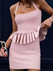 Ribbed Halter Neck Peplum Mini Dress.