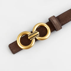 Golden Double Circle Buckle Belt in cowhide leather, featuring an elegant gold buckle design, essential accessory for fashion & style.