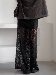 Lace Sheer Maxi Skirt showcasing detailed floral pattern and sheer finish, styled with a fitted waist for summer chic look.