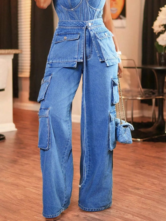 Wide Leg Cargo Jeans with stylish pockets and modern denim design for a trendy and comfortable street-chic look