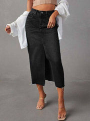 Raw Hem Front Slit Denim Midi Skirt.