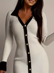 Ribbed Knit Contrast Trim Sweater Dress with button-front and decorative buttons, featuring a sleek design and frilled hem.