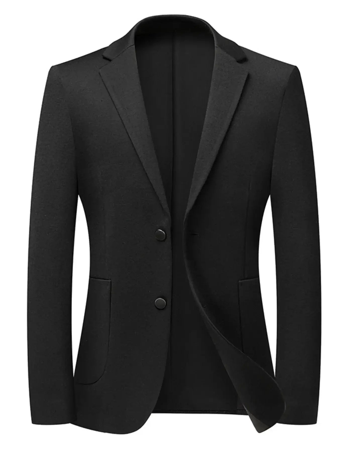 Men's Classic Fit Two-Button Blazer in black with basic style and normal thickness, made from a blend of acrylic, polyester, nylon, and wool.