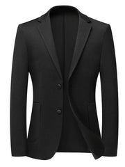 Men's Classic Fit Two-Button Blazer in black with basic style and normal thickness, made from a blend of acrylic, polyester, nylon, and wool.