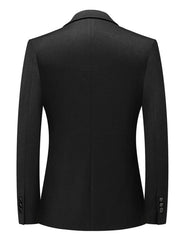 Back view of Men's Classic Fit Two-Button Blazer in black, showcasing normal thickness and buttoned style.