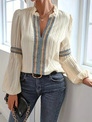 Notched Textured Balloon Sleeve Blouse with elegant pleats and embroidered trim