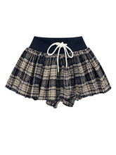 Ruched Drawstring Plaid Skort with adjustable drawstring and plaid print, perfect for versatile styling and comfort.