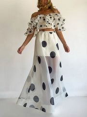 Model wearing Polka Dot Ruffle Crop Top and Maxi Skirt Set, off-shoulder, summer two-piece outfit