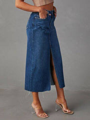 Raw Hem Front Slit Denim Midi Skirt.