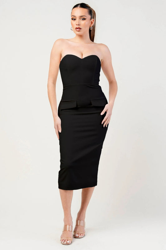Thick Stretch Woven Sweetheart Neck Tube Midi Dress With Pocket Flap.