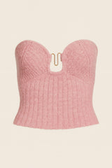 Pink knit tube top with strapless design and front detailing.