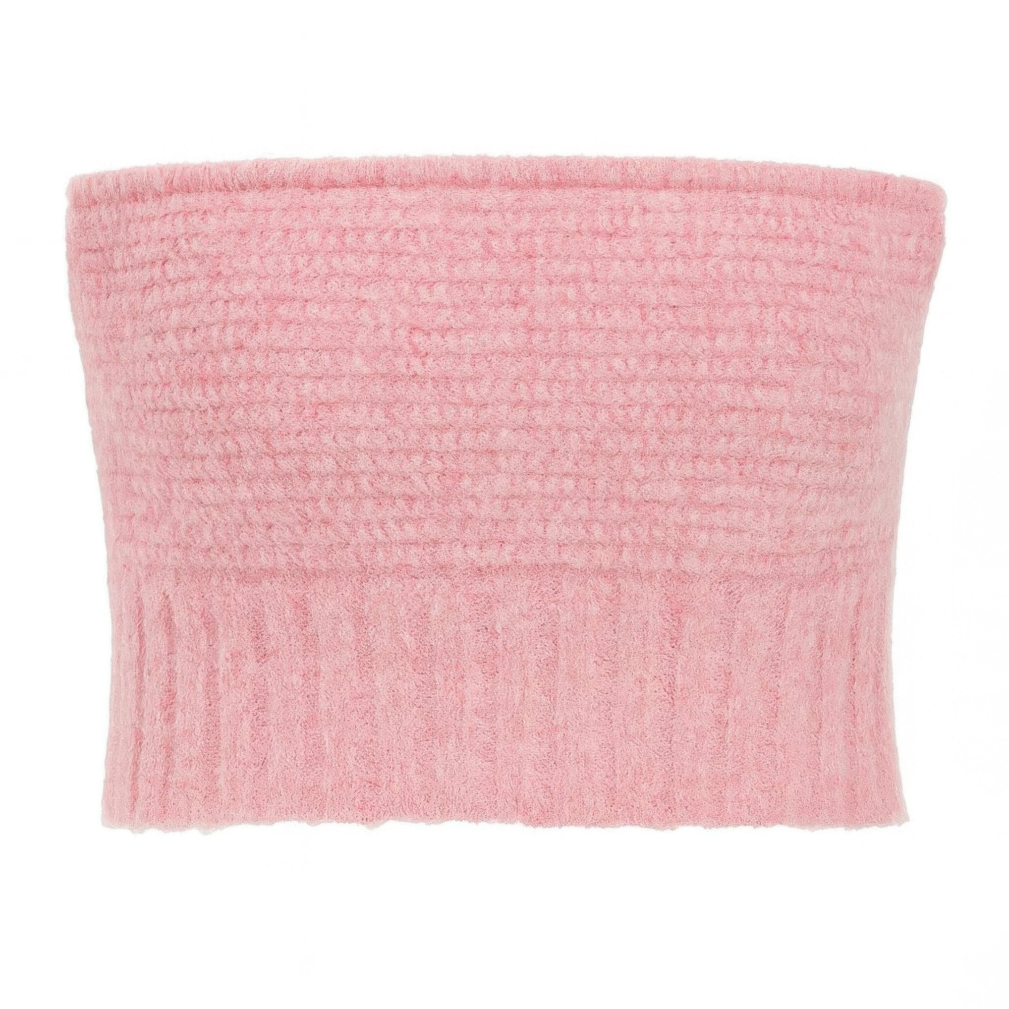 Pink knit tube top with sleek strapless silhouette and soft knit fabric.