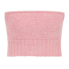 Pink knit tube top with sleek strapless silhouette and soft knit fabric.