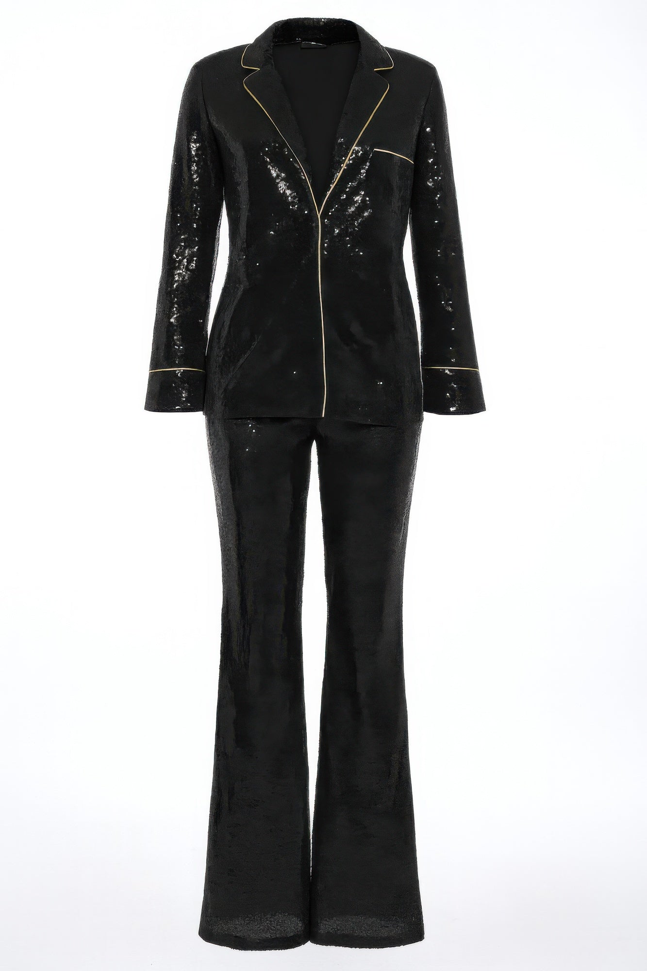 Sequin Collared Two Piece Set with tailored top and straight-leg pants for a glamorous look.