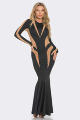 Mesh Cut Out Detail Maxi Dress with long sleeves and mesh inserts in a sleek silhouette, perfect for evening glamour.