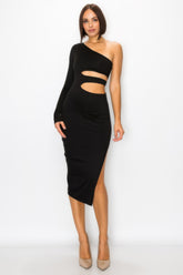 Cut Out Maxi Dress featuring a one shoulder design and waist cut-outs, showcasing modern elegance and bold style.