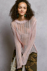 Model wearing the POL Openwork Round Neck Knit Cover Up with open-knit pattern