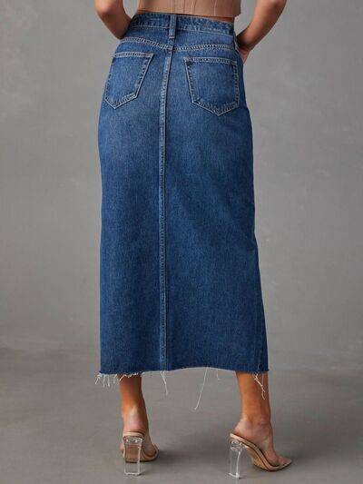 Raw Hem Front Slit Denim Midi Skirt.
