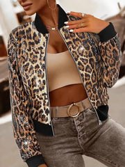 Woman wearing GS Sequin Leopard Zip Up Jacket with sequins and leopard print, highlighting stylish design and casual fashion.