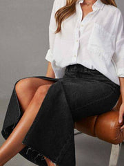 Raw Hem Front Slit Denim Midi Skirt.