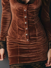 Velvet Lace Trim Bodycon Dress with button-front design showcasing lace-trim neckline and cuffs for a refined, edgy style.