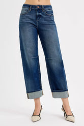 RISEN Slouchy Crop Barrel Cuffed Jeans with trendy denim design, showcasing cropped length and barrel cuff style.