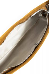 Open view of Fame Faux Suede Rectangle Bag showing luxurious interior and zipper closure