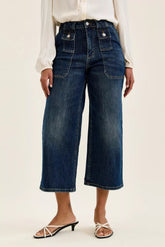 Judy Blue High Waist Wide Crop Utility Jeans with patch pockets and a versatile style, perfect for a trendy casual look.