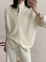 Casual Knit Cardigan and Wide-Leg Pants Set showcasing a cream ribbed cardigan with a zip front.