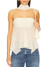 Sheer Tube Top with Scarf, strapless asymmetric top with choker neckline, perfect for casual or dressed-up looks.