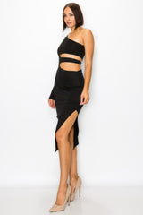 Cut Out Maxi Dress showcased on a model in black, featuring a one shoulder design and stylish waist cut-outs.